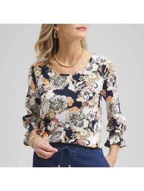 Chico’s Floral Top Size 2 US L Boho Bell Sleeve Cotton Modal